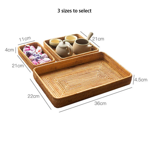 Handwoven Rattan Storage Tray Square Wicker Basket Bread Food Plate Fruit Cake Platter Dinner Serving Tray Kitchen Decoration
