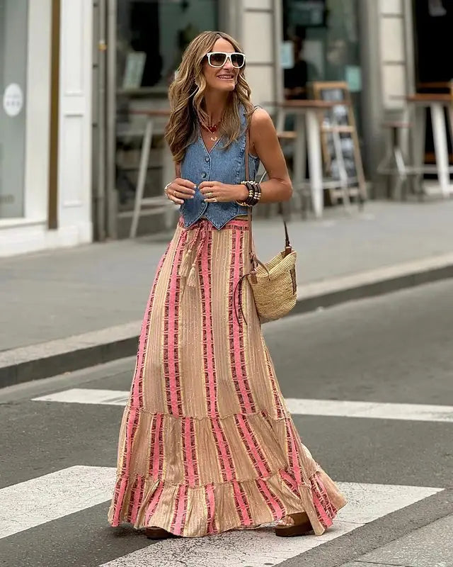 Long Floral Printing Skirt Lady 2025 Summer Autumn Loose Casual Skirt Fashion Elastic Waist Beach Commuting Skirts Women Clothes