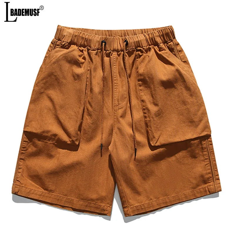 Fashion Leisure Pulling Rope Cargo Shorts Summer Men Elastic Waist Simplicity Comfort New Solid Color Large Pocket Men Shorts