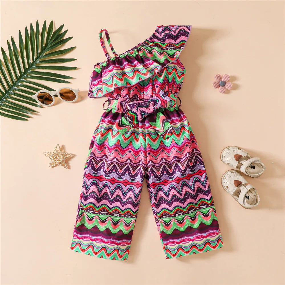 ZAFILLE Baby Playsuit Striped Belted Girl Jumpsuit For Kids 2023 Off Shoulder Summer Overalls For Children Toddler Girl Clothes