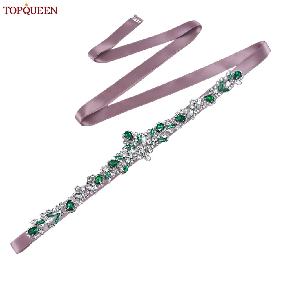TOPQUEEN S462-KL Rhinestone Bridal Belt Wedding With Green Diamond Wedding Dress Accessories Belt Sash Party Women Dress Belt
