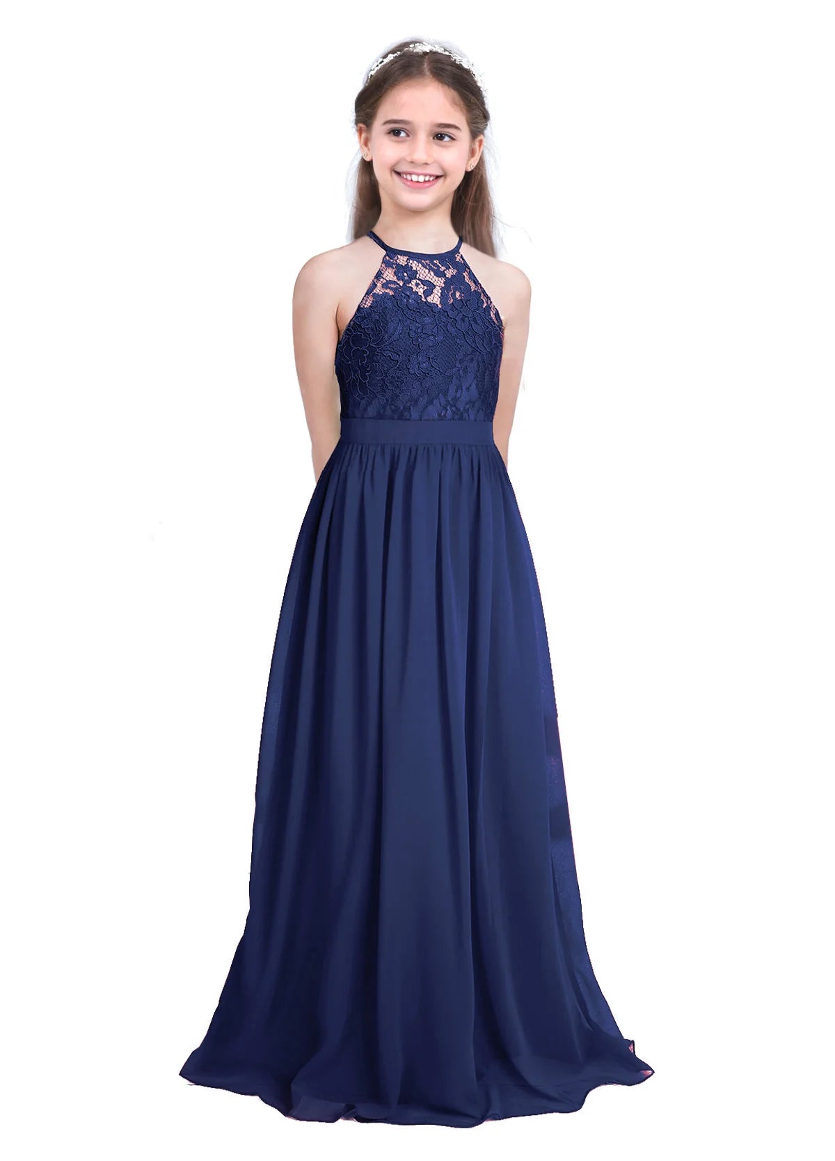 iiniim Kids Girls Vestido de festa Chiffon Dress Floral Lace Cutout Back Flower Girl Dress Elegant Summer Princess Party Dress