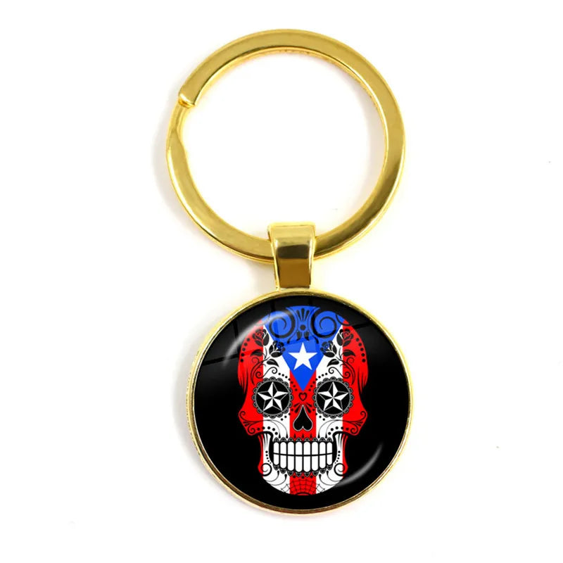 Fashion Colorful Sugar Skull Keychain Mexico Folk Art Patterns Glass Pendant Key Chain Jewelry Holiday Gift