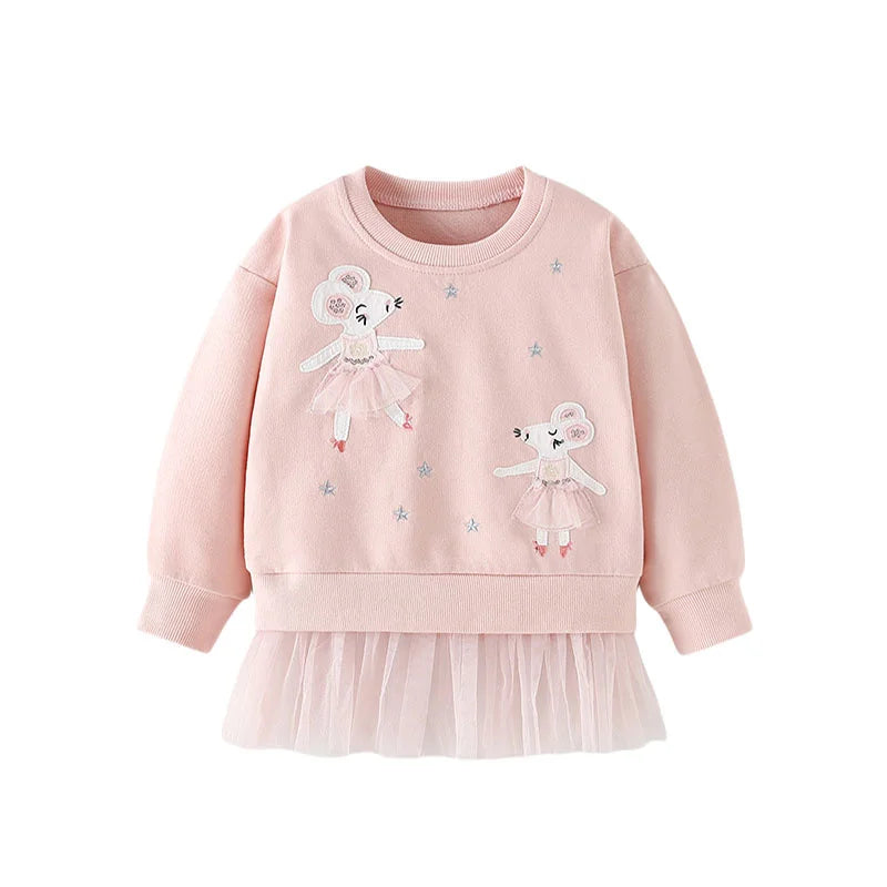 Springen Meter Neue Ankunft 2-7T Mädchen Baby Kleidung Maus Applique Mädchen Sweatshirts Kleinkind Kostüm Mesh Mit Kapuze Shirts