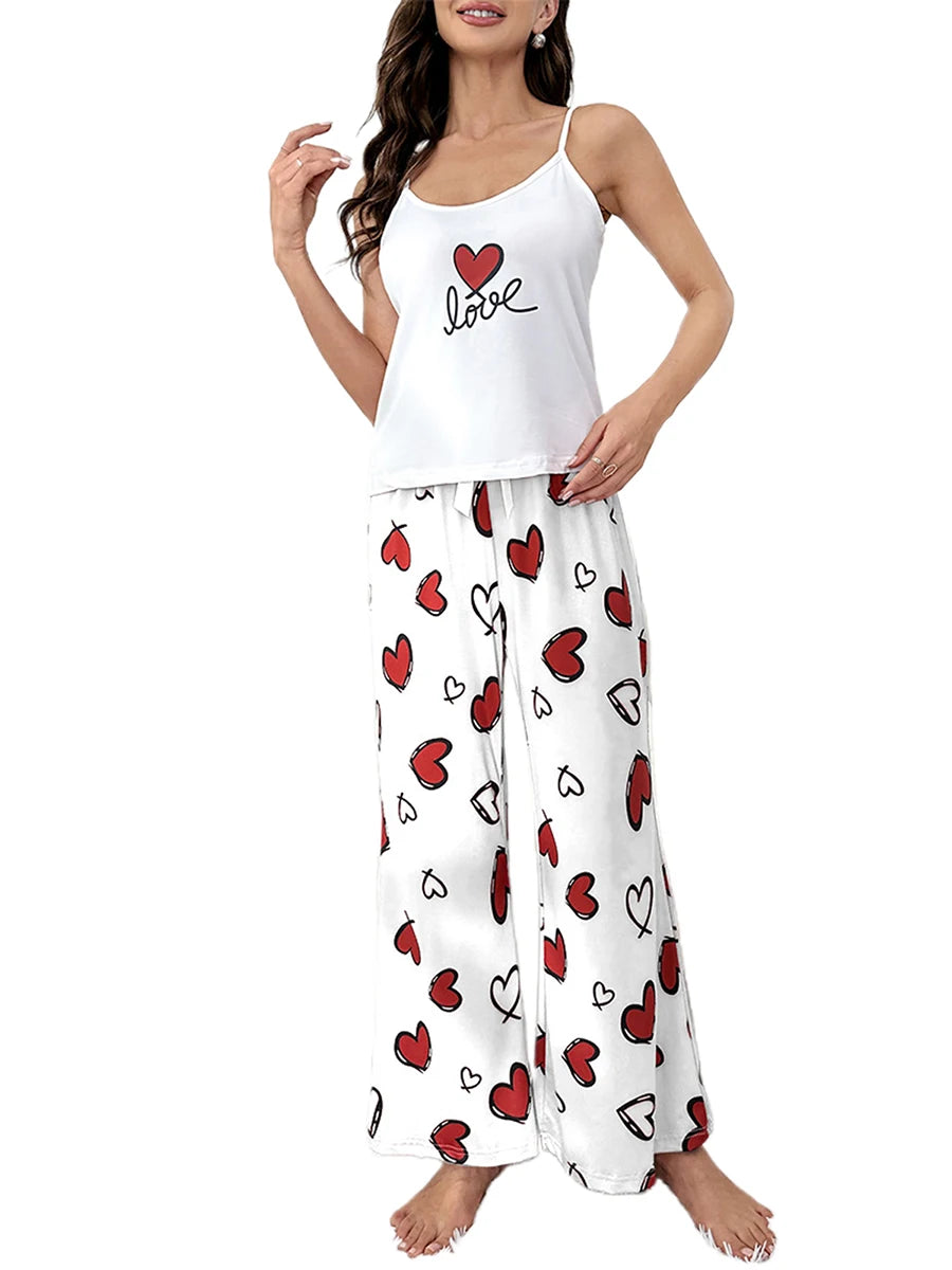 Women s Valentine s Day Loungewear Set Heart Print Cami Tops with Elastic Waist Long Pants Sleepwear