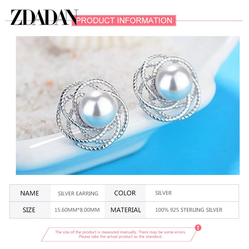ZDADAN 925 Sterling Silver Charm Hollow Flower Pearl Stud Earrings For Women Temperament Engagement Jewelry Party Gift