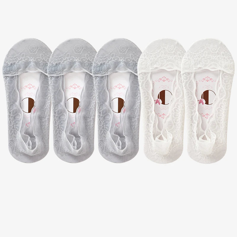 5pairs Summer Women Girl Silica Gel Lace Boat Socks Invisible Cotton Sole Non-slip Antiskid Slippers Anti-Slip Short Ankle Socks