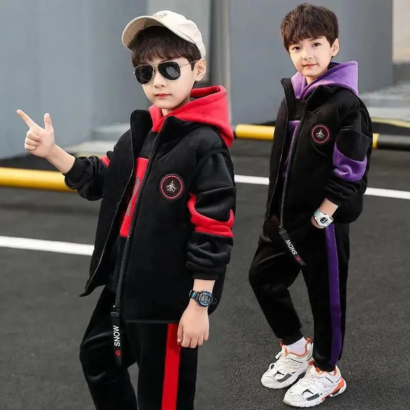 2024 winter Boys tracksuit Autumn Toddler Teenager Clothes vest velvet jacket + Sweatishrt hooded + Pant Children Kids 4 12 year
