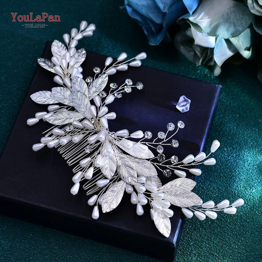 YouLaPan Wedding Headpiece Faux Pearl Headband Bridal Hair Accessories Rhinestone Headdress Alloy Leaf Hair Decoration HP680