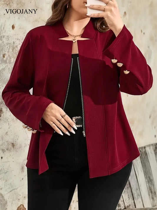 VigoJany 2025 Winter Red Plus Size Coat Women Casual Large Long Sleeve Jacket Outwear Ladies Autumn Chubby Zipper Curvy Clothes