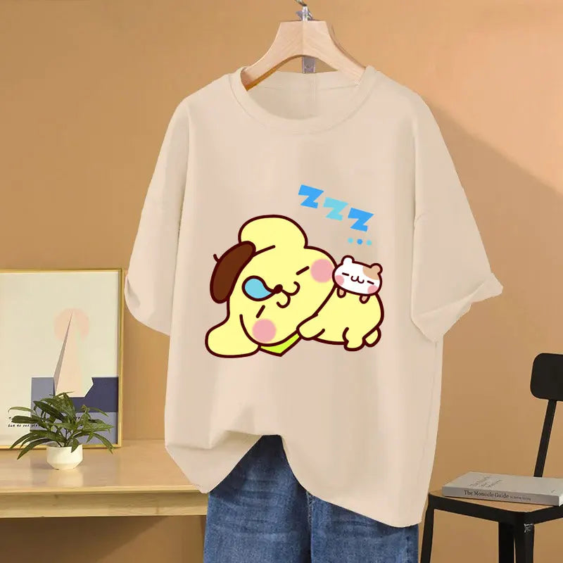 Clothes Pompom Purin Yellow Cartoon Anime Women T-shirt Summer Short Sleeve 100% Cotton Men Tee Shirts Tops 2025 Fashion Couple Clothes
