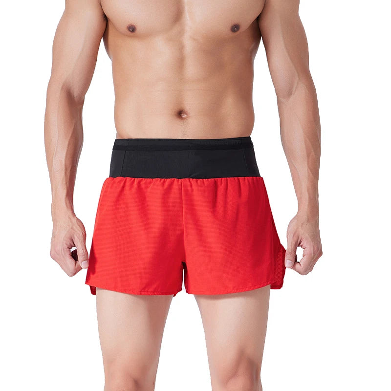(S-4XL)Men Women Teens Double Layer Quick Dry Marathon Running Sport Shorts with Zipper Pocket Trackless Fitness Training Shorts