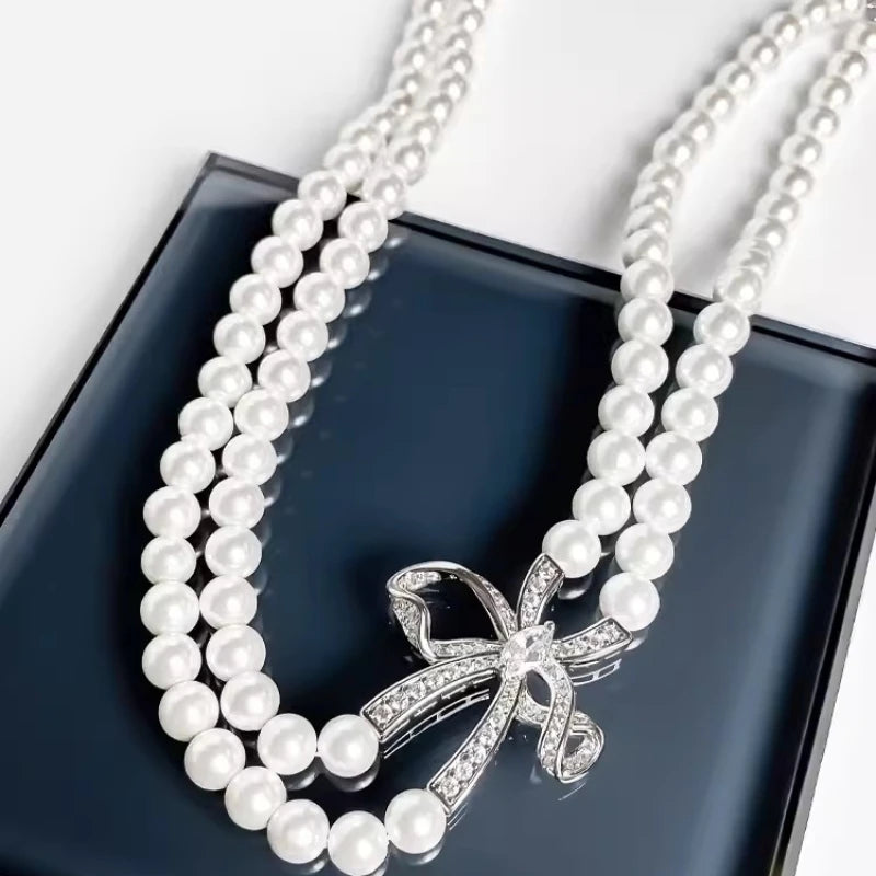 925 Sterling Silver Two Lines 6.5mm Pearl Necklace Earrings Set for Women Girls Fashion Bowknot Charm Ladies Wedding Jewelry