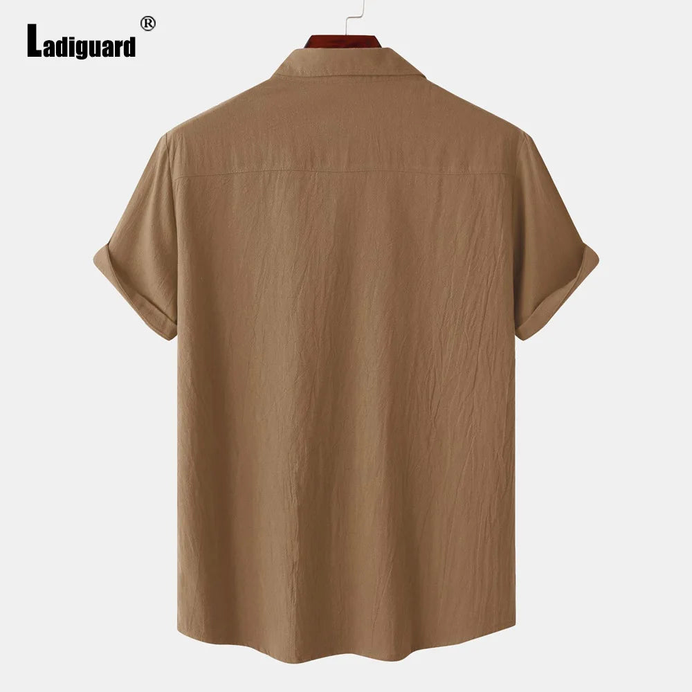 Men Short Sleeve Linen Shirts ,Black Soft Blouse Vintage Casual Stand Pocket Tops mon