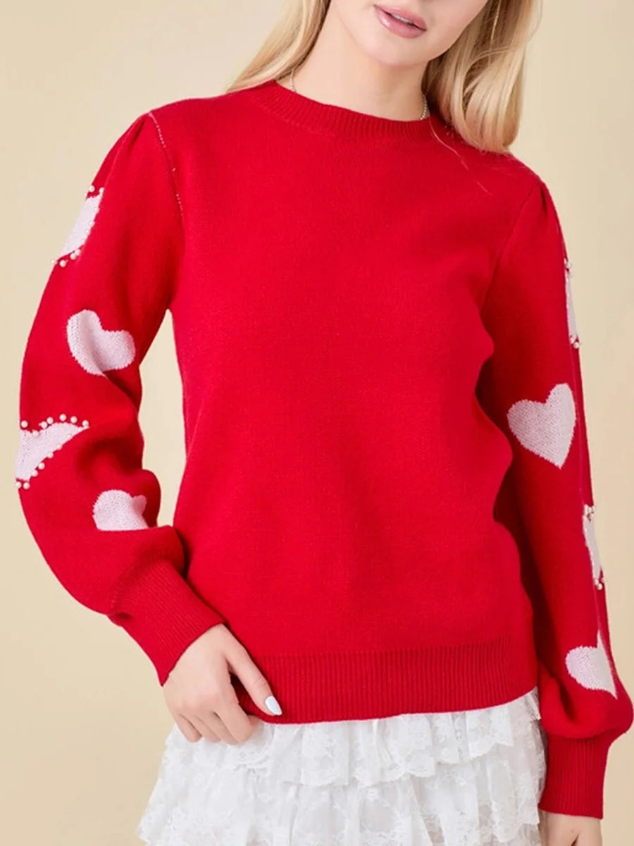 Women s Valentine s Day Knit Sweater Red Long Sleeve Round Neck Heart Print Knitwear