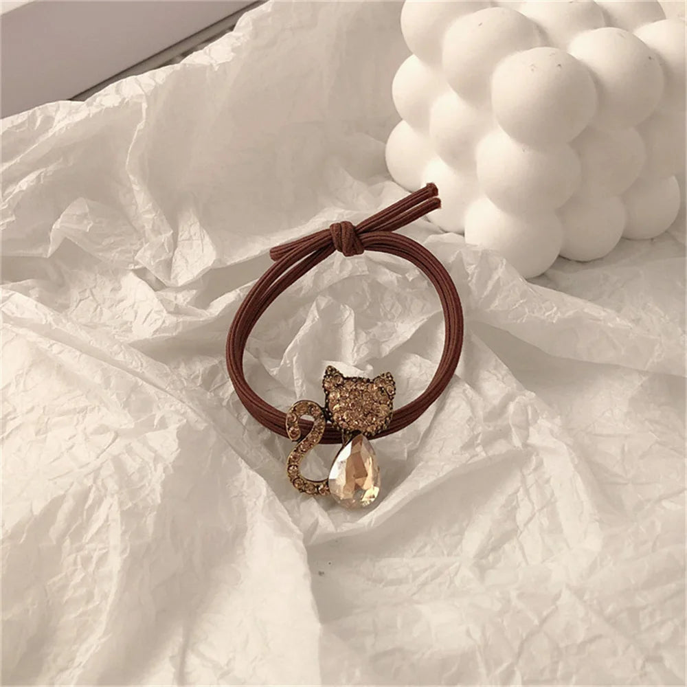 Exquisite Crystal Cat Hair Ropes Women Elastic Rubber Bands Temperament Rhinestone Hair Band For Girl Ponytail Scrunchies