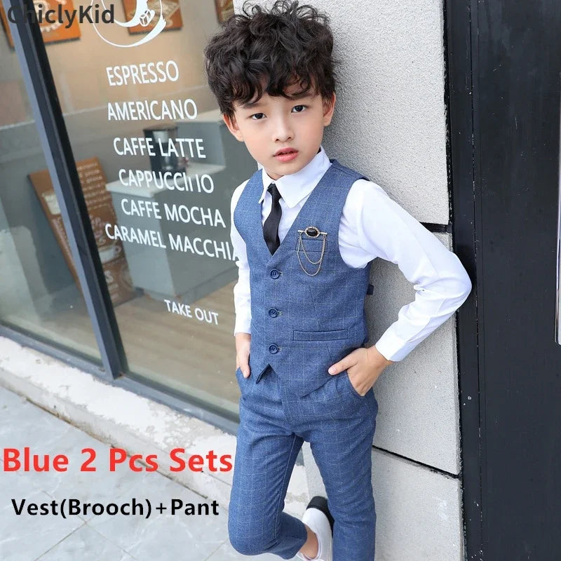 Boy Plaid Vest Blazer Kids Waistcoat Wedding Clothes Set Toddler Formal Dress Suit Child Brooch Shirt Pant Baby Gentlemen Outfit