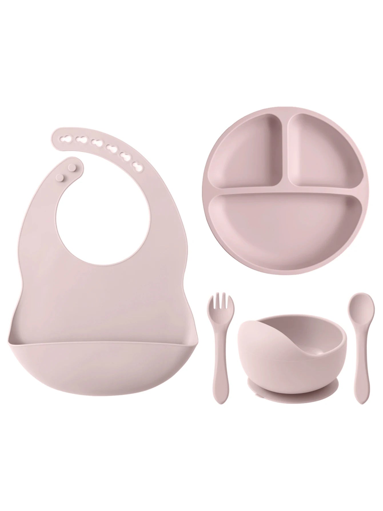 5PCS Baby Silicone Tableware Set Color Contrast Bib Suction Bowl Non-slip Plate Soft Spoon Fork Feeding Training Baby Dinner Set