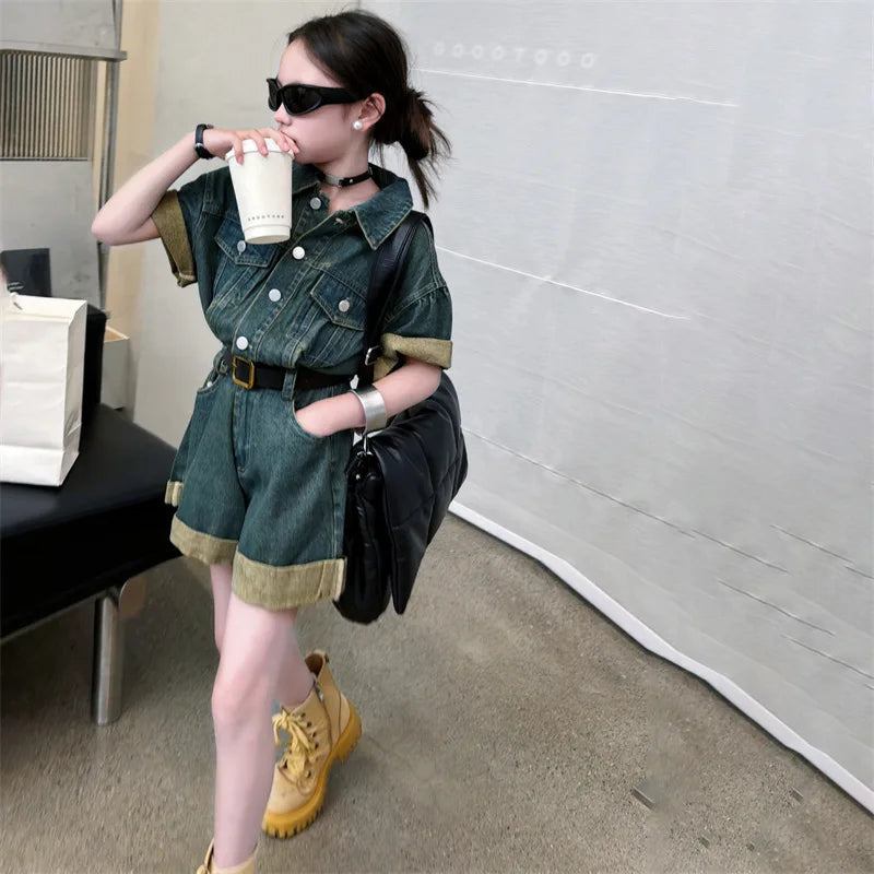 5-14 Jahre Retro-Jumpsuit für Teenager-Mädchen aus Denim mit gerollten Kanten und weiten Beinen, Jeans-Shorts für Kinder, Bodysuit, Kleidung für Junior-Onesie-Jeans