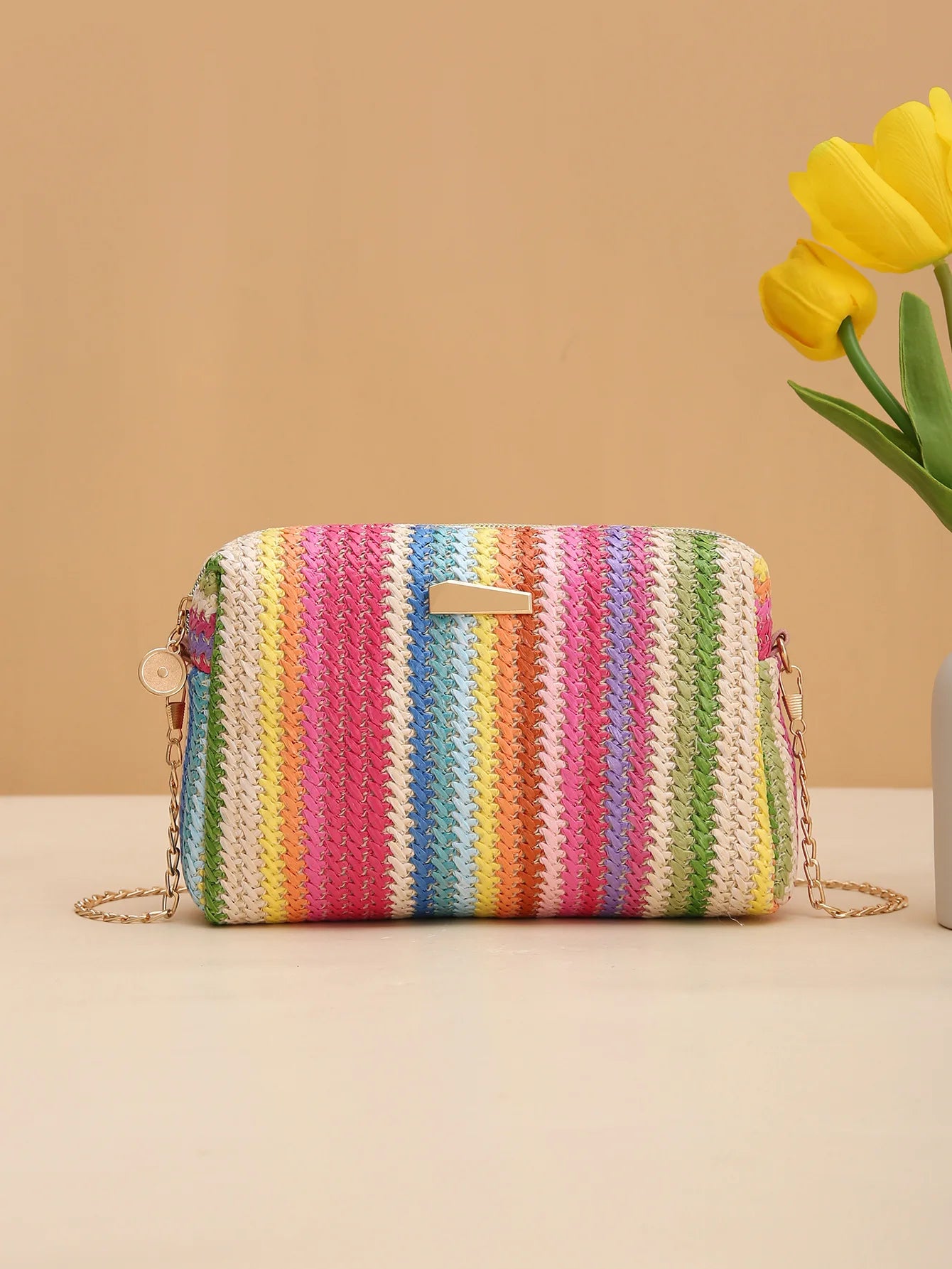 Rattan Knitting Women Straw Bag Beach Summer Chain Small Purse and Handbag Female Shoulder Crossbody Bags Travel Design Flap Bag