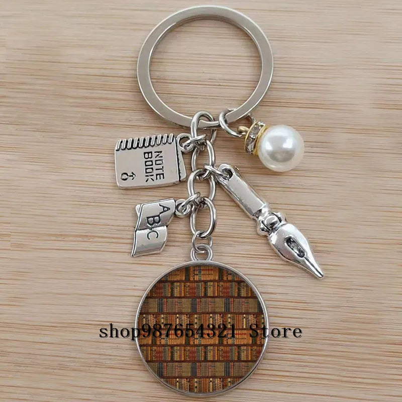 Classic Library Books Keychain Vintage Old Books Key Chain Librarians Key Ring Gift for Nerd Bookworm Writer Teacher