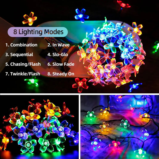 Outdoor Solar Powered Flower Garland Festoon LED String Fairy Light Waterproof for Backyard & Garden Lawn Fence Patio Decoration
