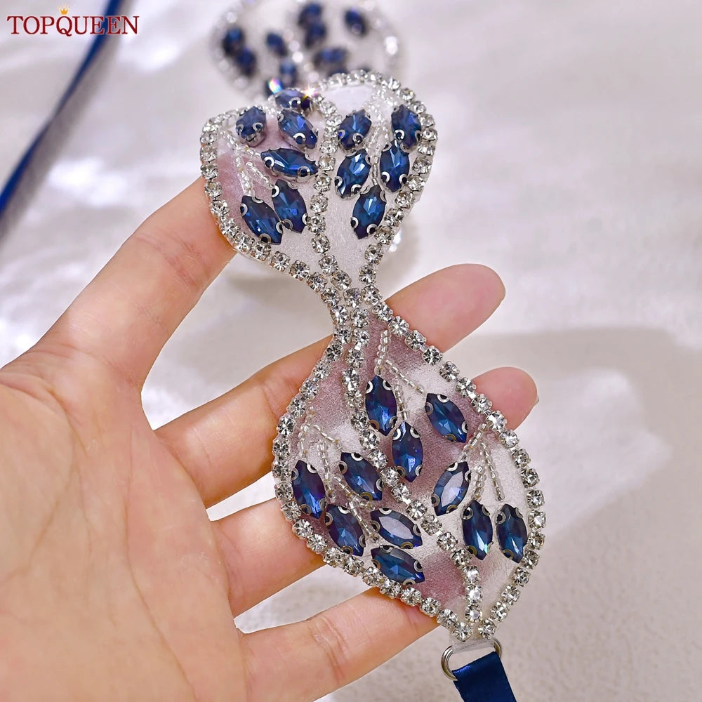 TOPQUEEN Fashion Navy Blue Rhinestone Belt Leaf Shape Wedding Bridal Belt Bridesmaid Dresses Waist Decoration