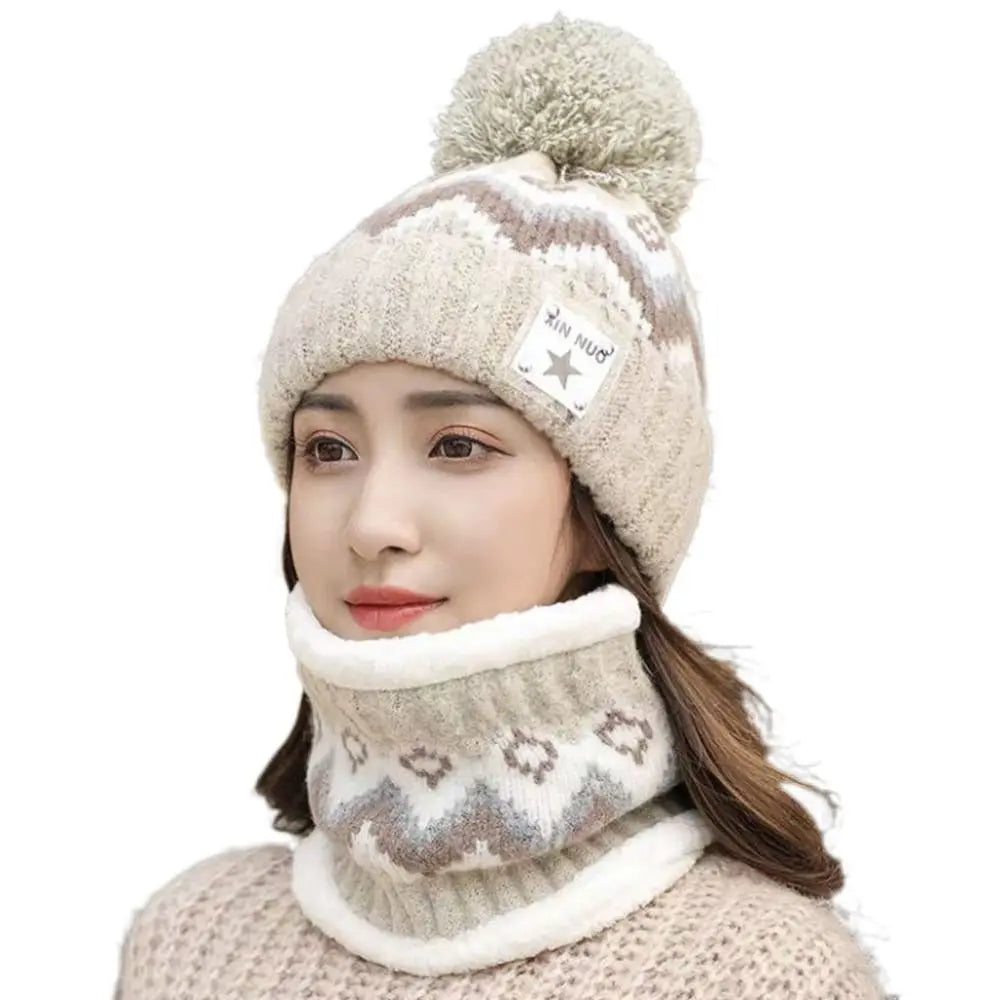 Cycling Plus Velvet Beanies Hat Ear Protection Windproof Hat Scarf Set Thick Warm Knit Skull Cap Women