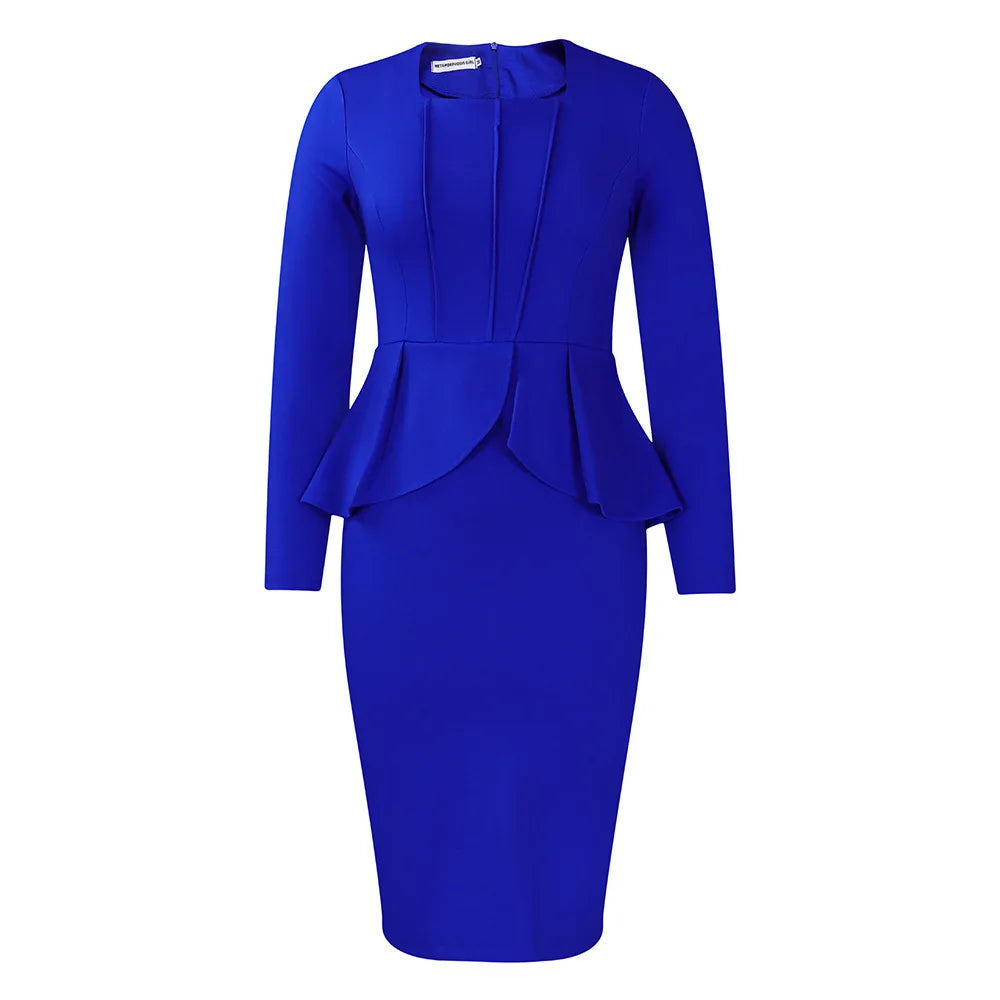 2025 SolidPeplum Ruffles Long Plus Size Dress Women Long Sleeve Large Big Dresses Spring Slim Fit Party Tight Curvy Dress