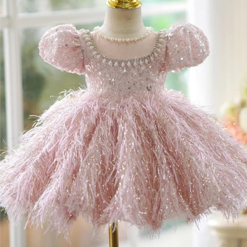 Fashion kids Girl Sequins Feather Dress Puffy Sleeve Pearl Vestido 2-14Y