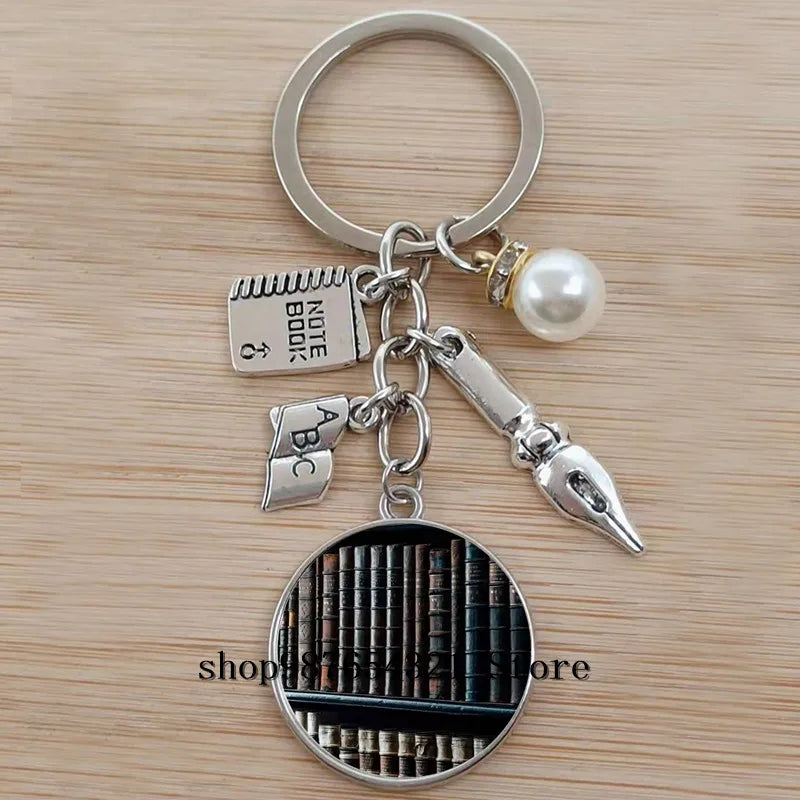 Classic Library Books Keychain Vintage Old Books Key Chain Librarians Key Ring Gift for Nerd Bookworm Writer Teacher