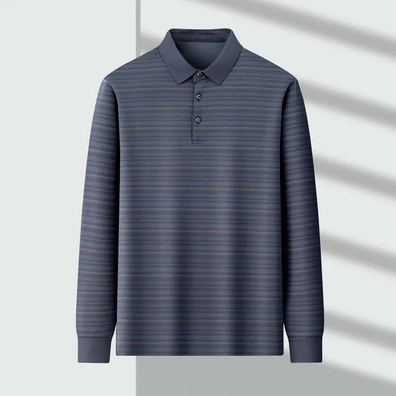 Spring Autumn Business Men's Striped Contrast Color Pullover Long Sleeve Turn-down Collar Button T-shirt Casual Formal Tops