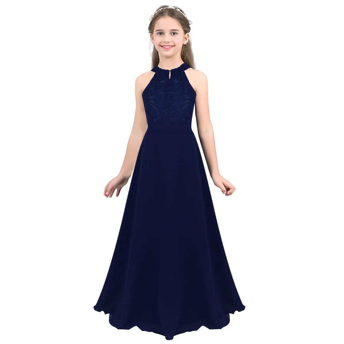 iiniim Kids Girls Vestido de festa Chiffon Dress Floral Lace Cutout Back Flower Girl Dress Elegant Summer Princess Party Dress