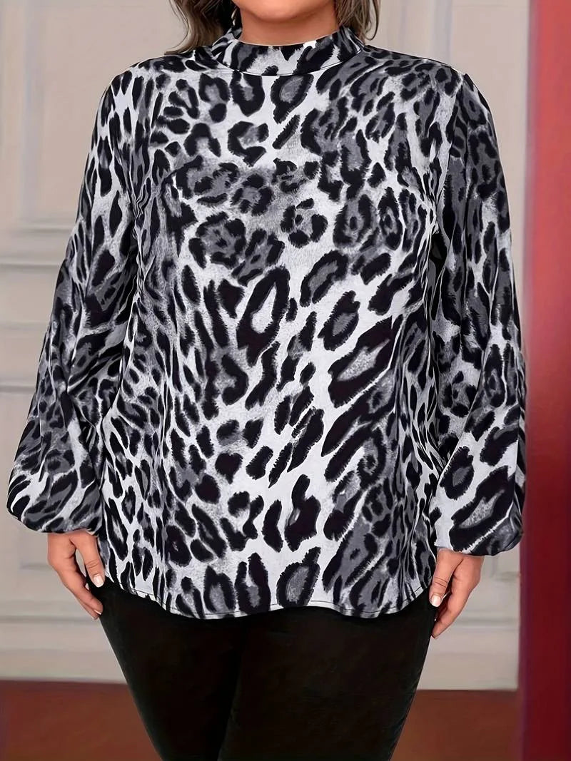 GIBSIE Plus Size Leopard Print Long Sleeve Shirt Women Autumn New Stand-up Collar Office Ladies Casual Fashion Tops and Blouses