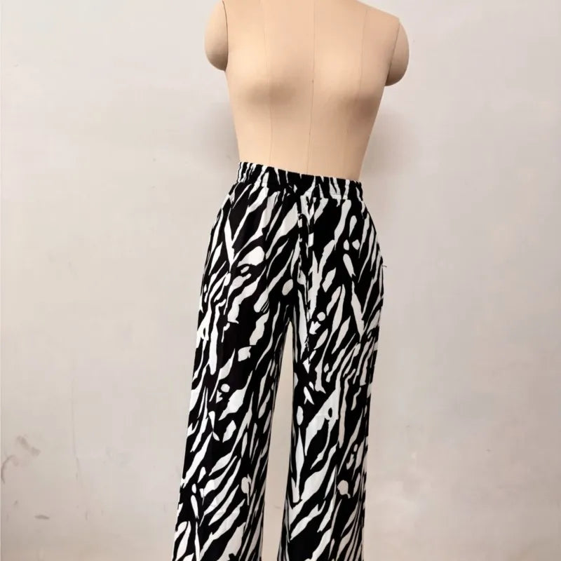 Women's Zebra Print 2-piece Set 2025 Spring Summer New Fashion Long Sleeve Shirt Top High Waist Wide Leg Pants Casual Outfits
