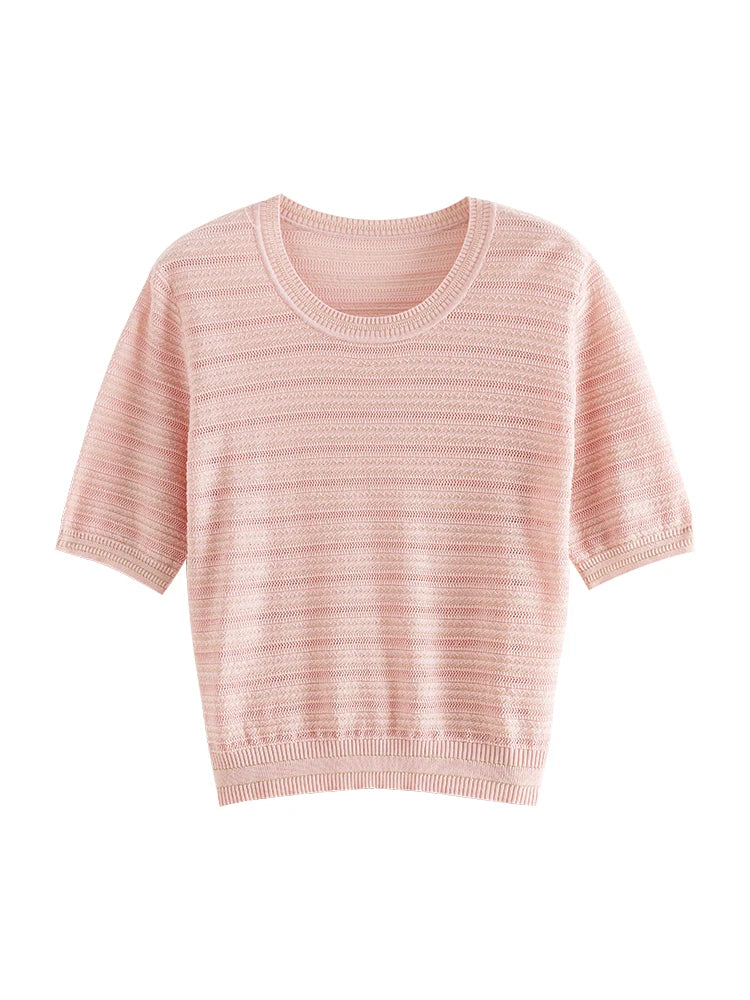 ZIQIAO Petite Hollow Out Round Neck Pink Knit Top For Women's 2024 Summer New Loose Short Sleeved Loose T-shirt 24ZQ92213
