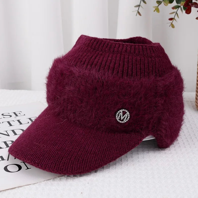 Autumn Winter Hollow Top Knitted Woolen Bomber Hat Ear Protection Thickened Warm Women's Fashion Baseball Hat Knitted Woolen Cap