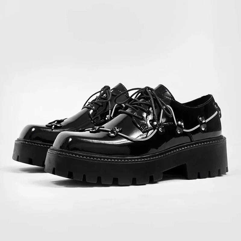 2025 New Small Style Thick Soled Derby Shoes Square Head Black Men's Business Casual Leather Retro Spring Decorative Shoes Men