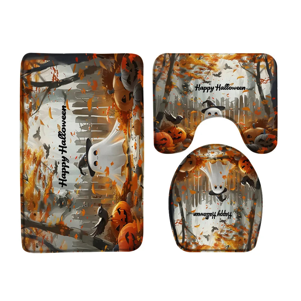Funny Ghost Shower Curtain Set Halloween Skull Bat Flower Pumpkin Bath Screen Bathroom Mat Non Slip Rug Carpet Toilet Cover Home improvement decortion