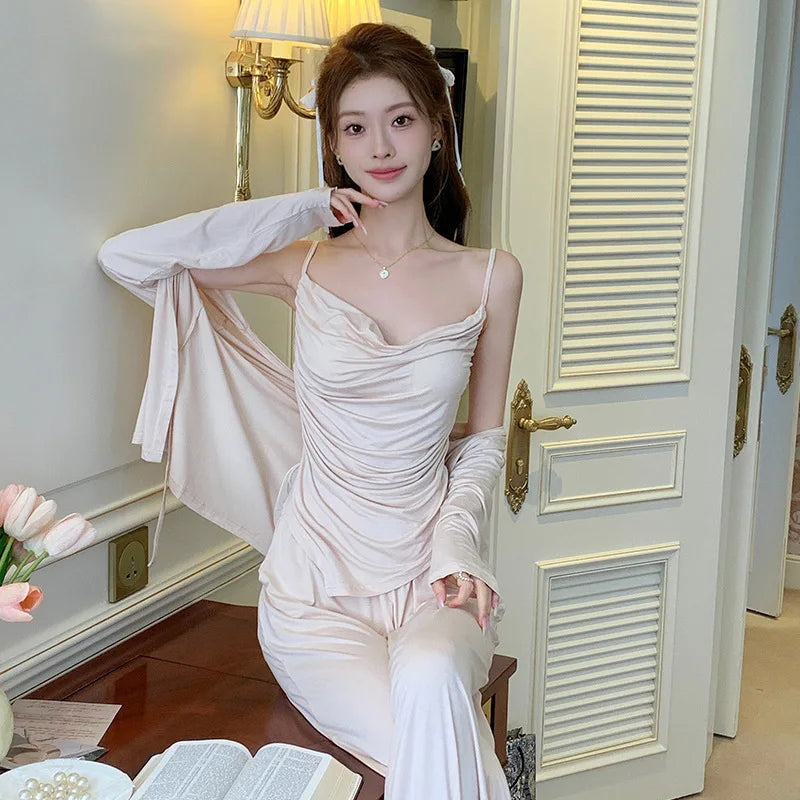 French Pajamas Women's 2024 Spring Autumn Sling Vest Sleepwear with Chest Pad Three-piece Set Loungewear Nightdress