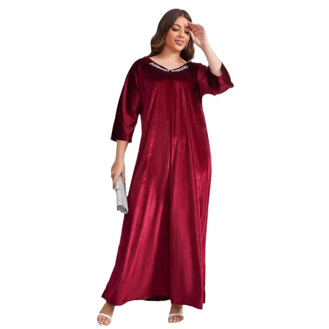 Vintage Loose Muslim Robe Fashion Casual Solid Velvet Red Long Dresses African Women Party Club Maxi Dress Islamic Clothing