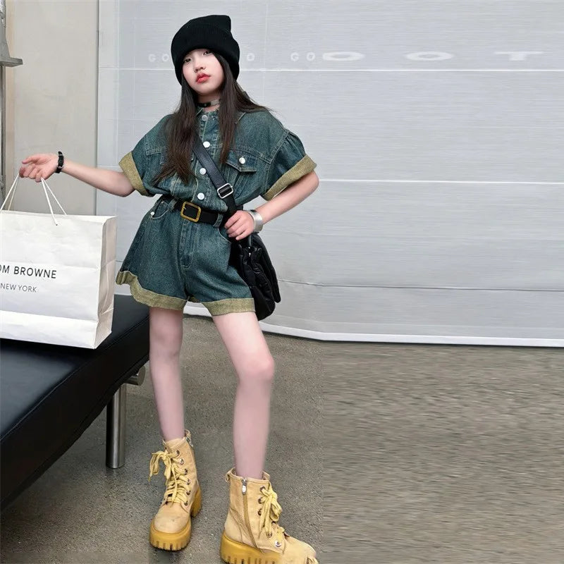 5-14 Jahre Retro-Jumpsuit für Teenager-Mädchen aus Denim mit gerollten Kanten und weiten Beinen, Jeans-Shorts für Kinder, Bodysuit, Kleidung für Junior-Onesie-Jeans