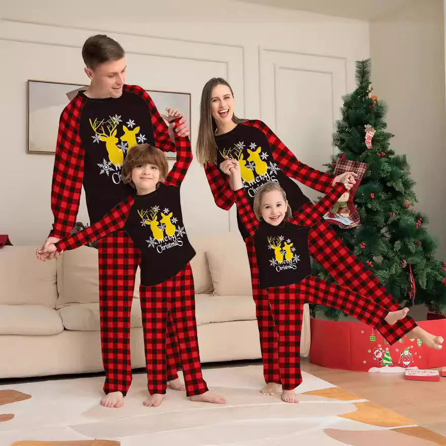 2024 Christmas Family outfit Gold fawn print Christmas family outfit crew-neck plaid Spring/ autumn pajamas set Halloween home