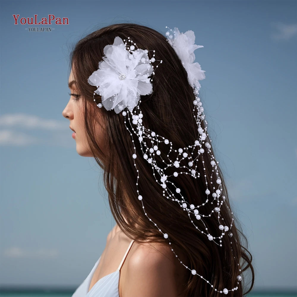 YouLaPan Elegant Women Bride Headwear Handmade gauze Flower Wedding Princess Headband Long Pearl Tassel Hair Accessories HP691