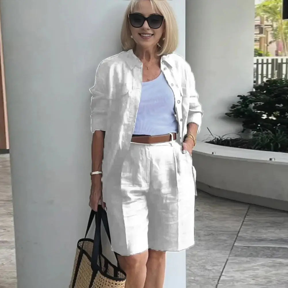 Fashion White 2 Piece Set For Women Long Sleeve Shirt And Shorts Two Piece Suit Women 2024 Summer Cotton Linen Casual Home Sets