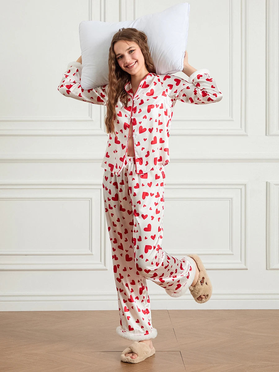 Women s Valentine s Day Lounge Set Long Sleeve Button Up Heart Print Tops Pants Sleepwear Sets
