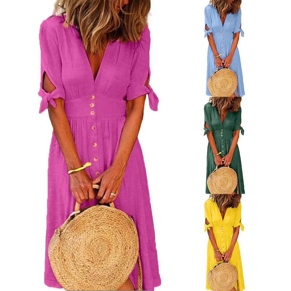 Yellow Dresses Women Fashion Solid Color Deep V Neck Tied Half Sleeve Button Party Long Dress Women's Clothing Dress платье