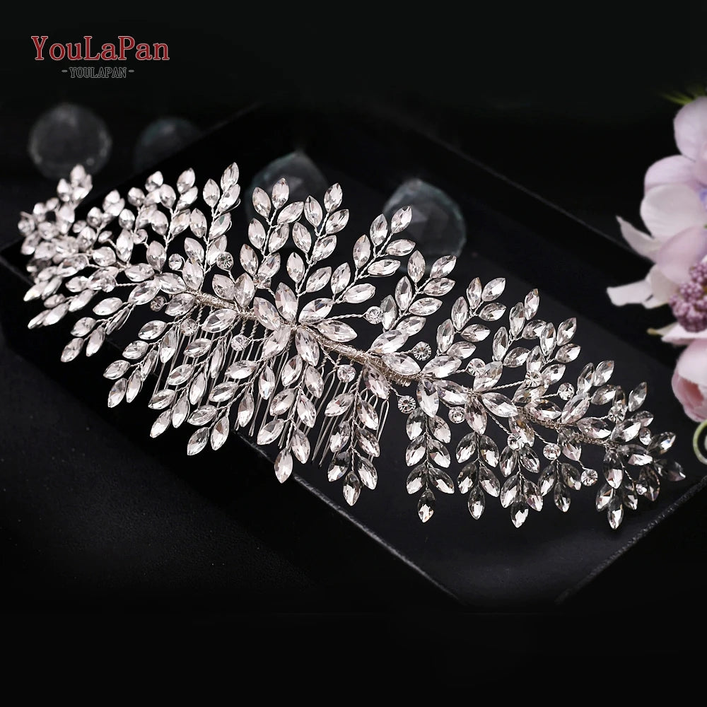 YouLaPan Gold Floral Wedding Hair Comb Bridal Crystal Pearls Headpiece Hair Accessories Bride Jewelry Women Hair Clips HP368