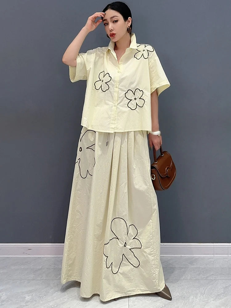SHENGPALAE 2024 Summer New 2 Piece Set For Women Fashion Print Casual Loose Elegant Shirt And Skirt Female Trend Clothes 5C1264