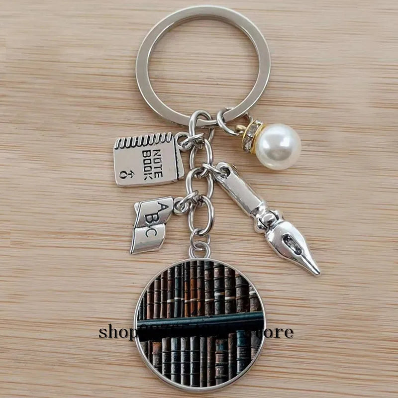 Classic Library Books Keychain Vintage Old Books Key Chain Librarians Key Ring Gift for Nerd Bookworm Writer Teacher